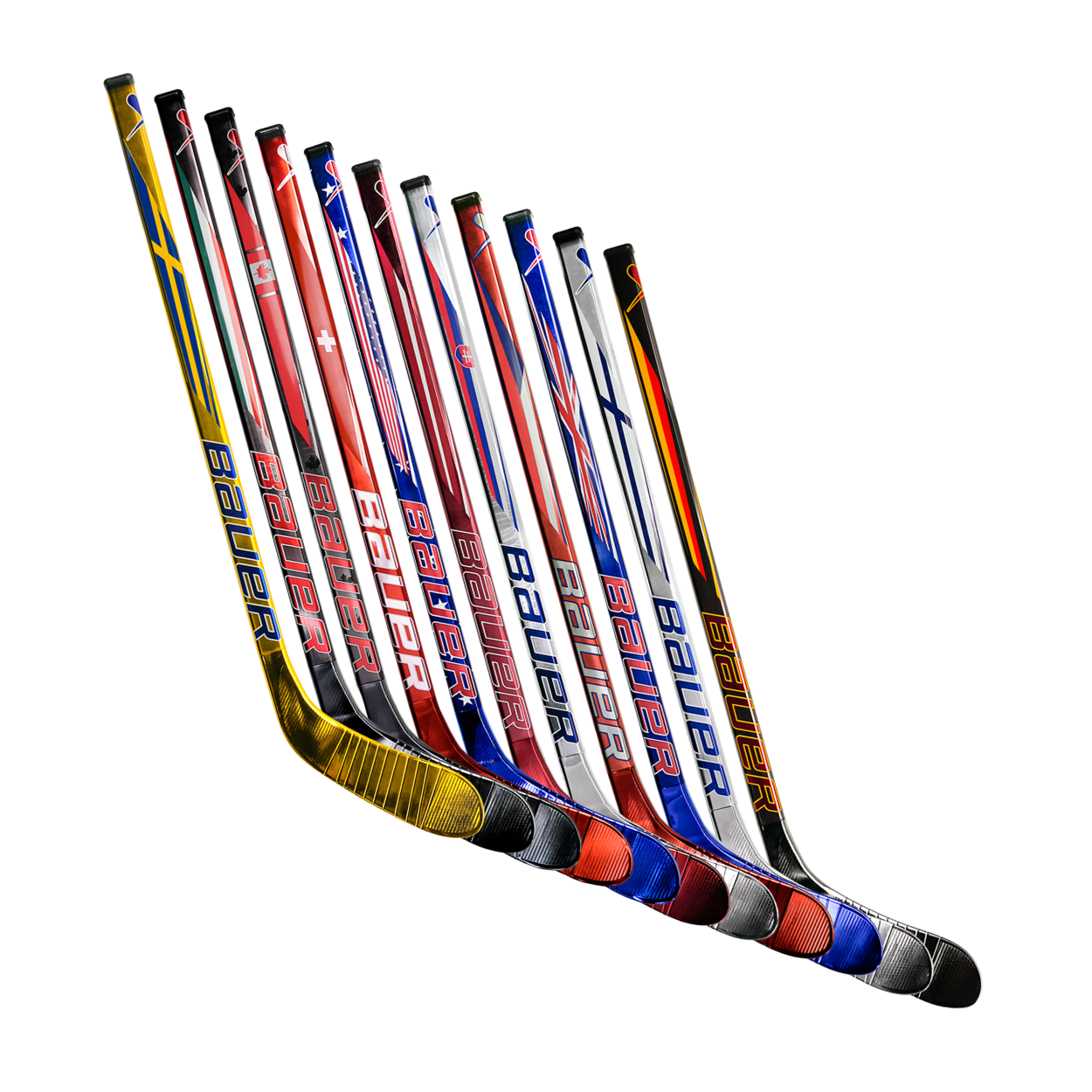 Set of Bauer hockey mini sticks in various colors on a white background
