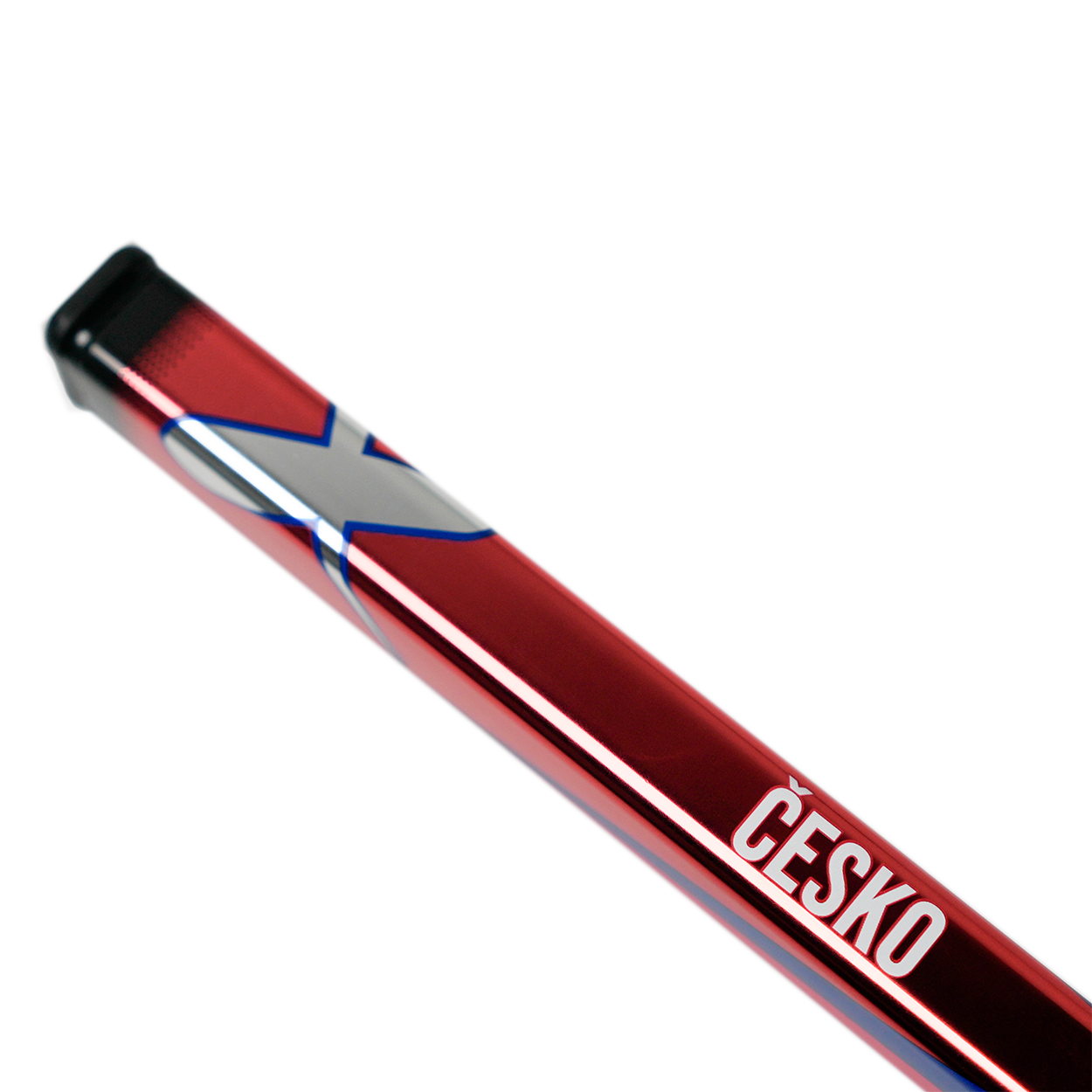 Red and black pool cue with 'Cèsko' branding on a white background