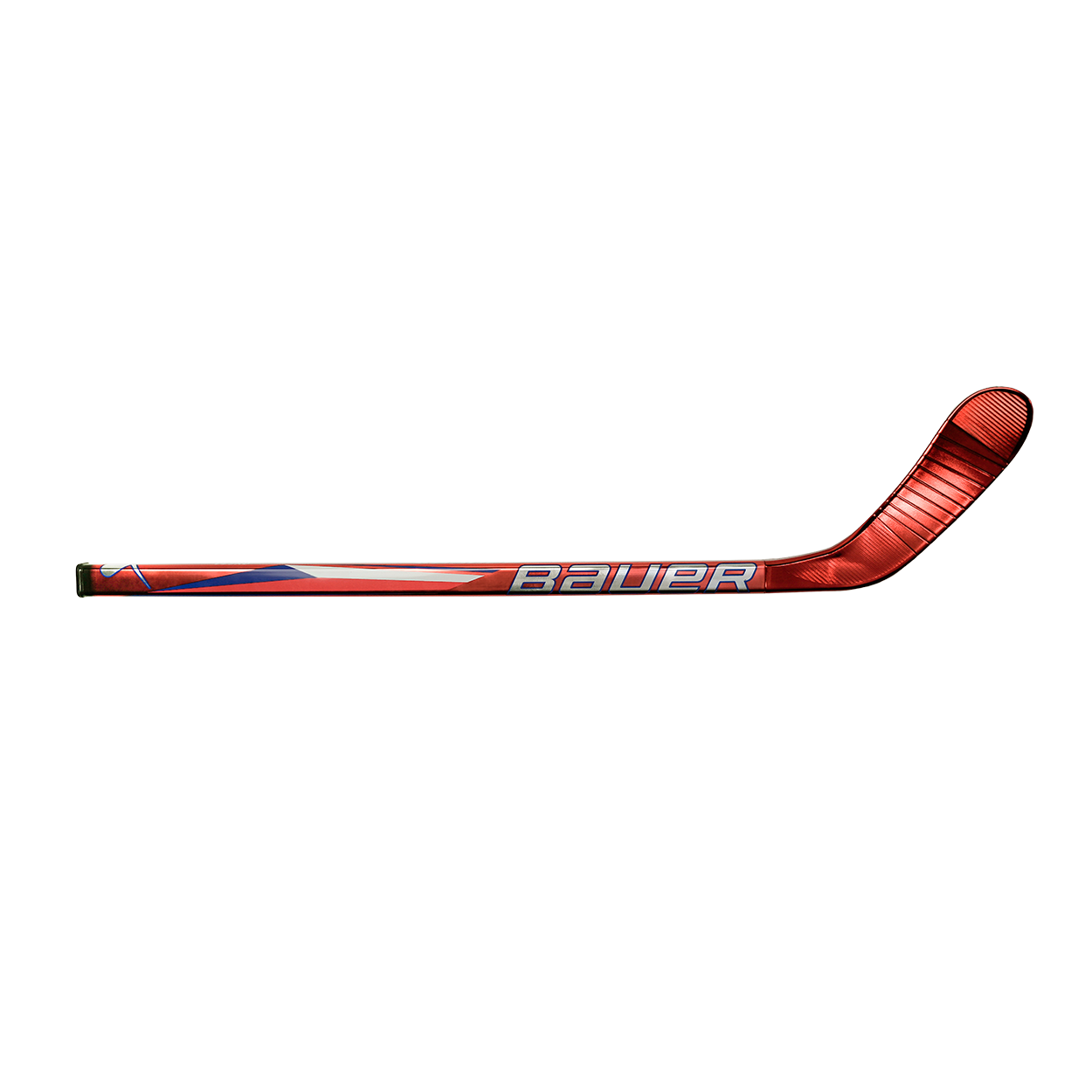 Red hockey stick with Bauer branding on a white background