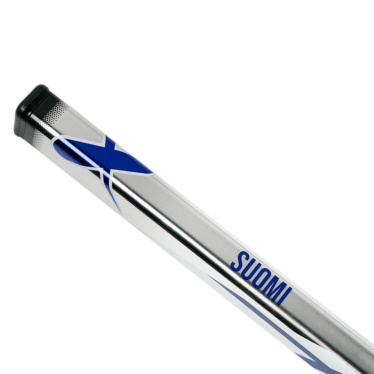 Metallic cylindrical object with 'Suomi' branding on a white background
