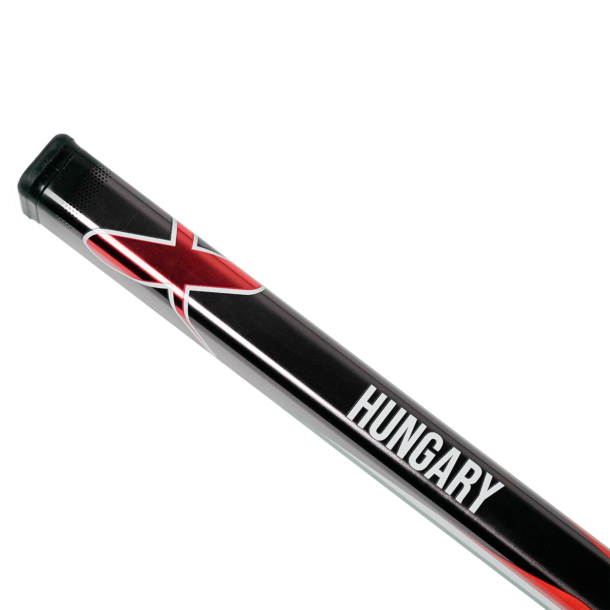 Black pool cue with red 'X' and 'Hungary' text on a white background