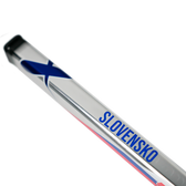 Metallic object with 'Slovensko' text and blue 'X' on a white background