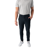 Person wearing navy pants and a striped shirt on a white background