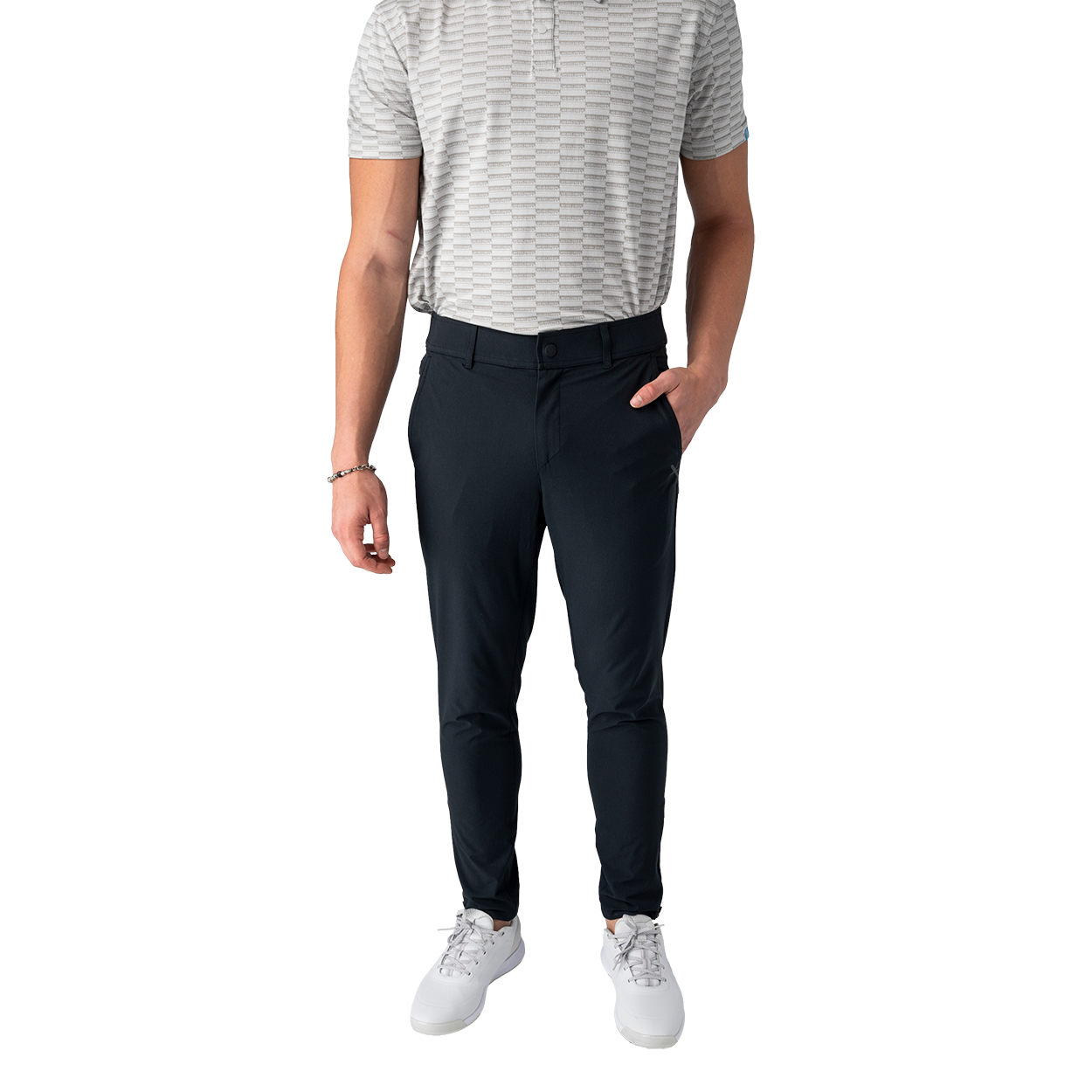 Person wearing navy pants and a striped shirt on a white background
